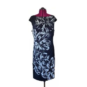 Ralph Lauren Black and White Floral Sheath Dress Ruched Waist Design Dress
